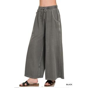 ZENANA WOMENS BLACK  FRENCH TERRY PIGMENT DYE & ENZYME WASHED PANTS